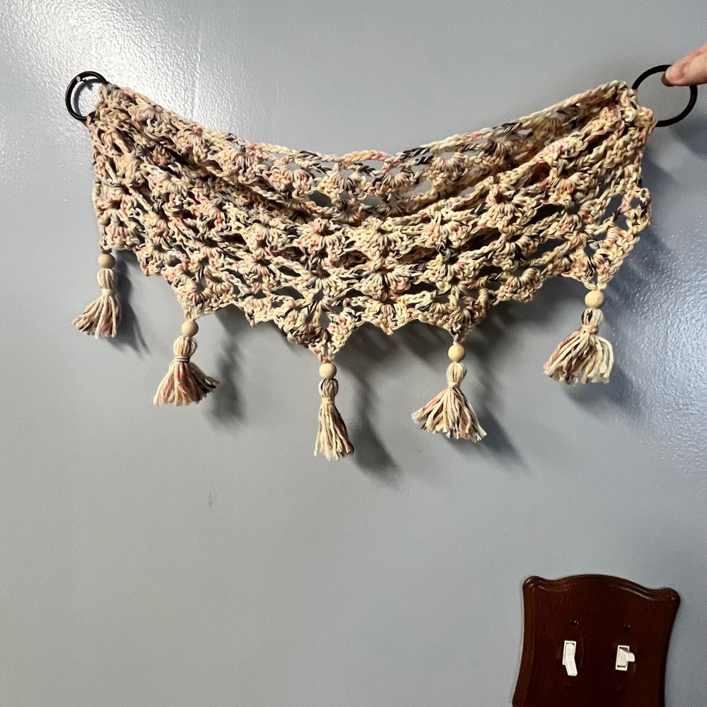 Boho Crochet Valance Hanging hammock Tassel Wood Bead Variegated Neutral 18 Inch